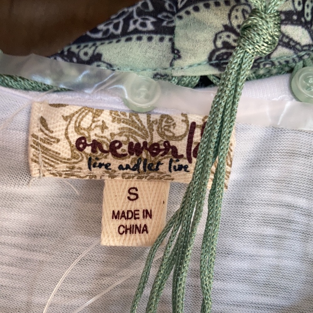 One World ombre sage top w boho print & matching scarf w fringe S - Picture 11 of 13